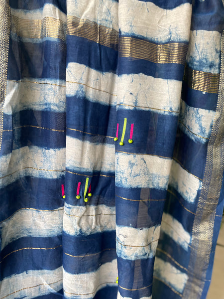 Embroidered Maheshwari Block printed Cotton Silk Saree