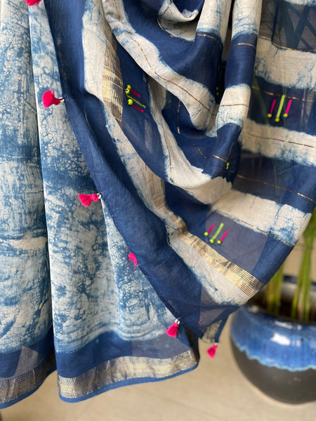 Embroidered Maheshwari Block printed Cotton Silk Saree