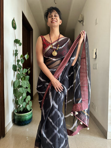 kota doria cotton saree with patchwork border