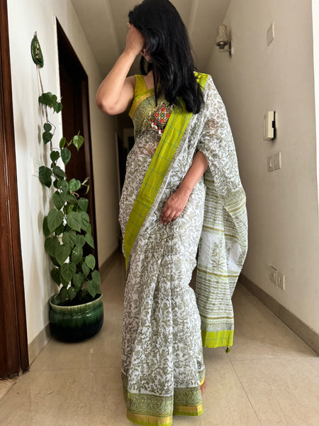 kota doria cotton saree with patchwork border