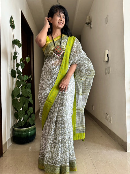 kota doria cotton saree with patchwork border