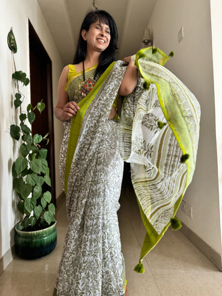 kota doria cotton saree with patchwork border