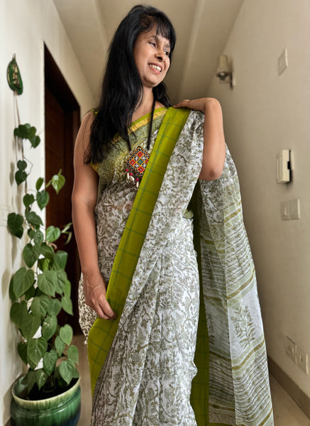 kota doria cotton saree with patchwork border
