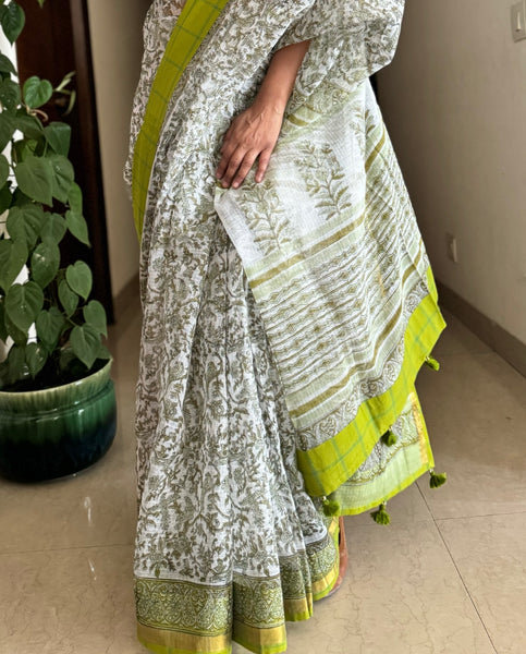 kota doria cotton saree with patchwork border