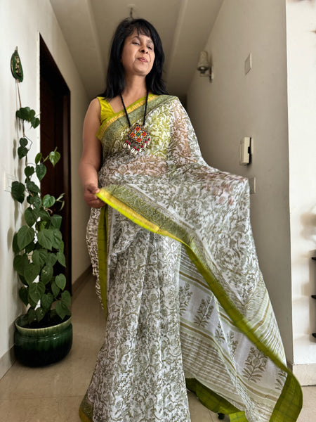 kota doria cotton saree with patchwork border