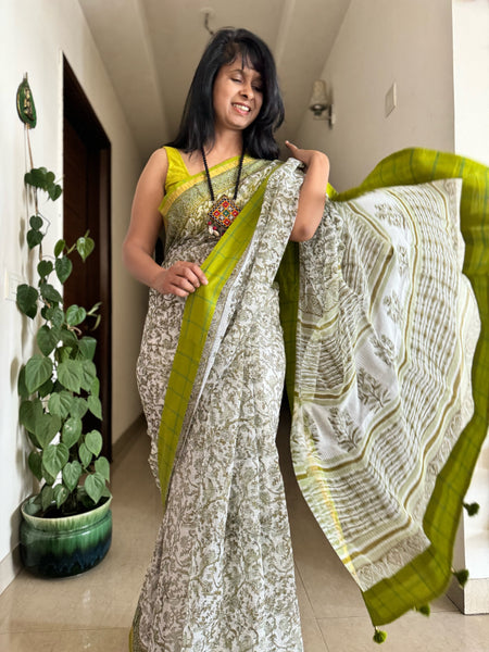 kota doria cotton saree with patchwork border