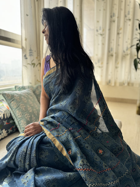 Ajrakh Block Printed Handwoven Linen Saree with Embroidery