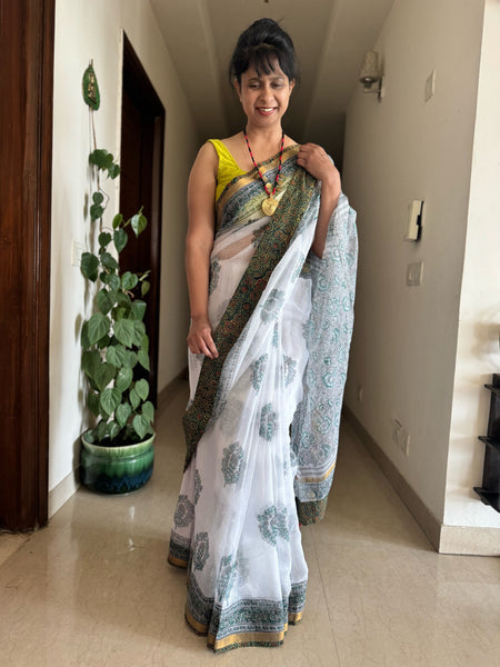 kota doria cotton saree with patchwork border