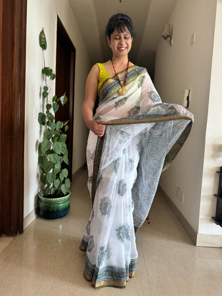 kota doria cotton saree with patchwork border