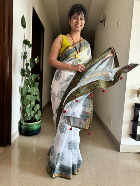 kota doria cotton saree with patchwork border