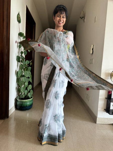 kota doria cotton saree with patchwork border