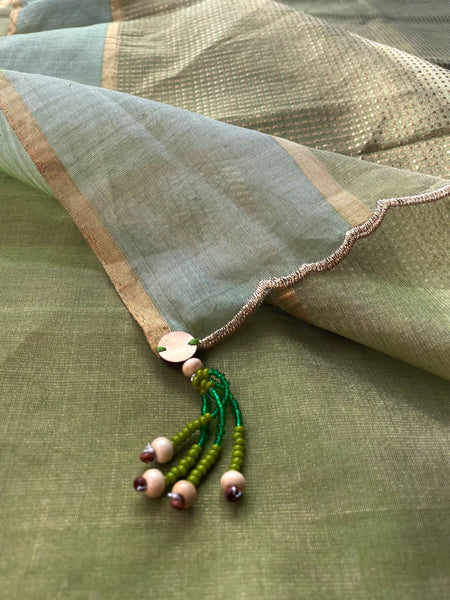 Pista green- Tissue Chanderi Handwoven Saree - Heavy Zari Checks Pallu