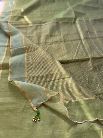 Pista green- Tissue Chanderi Handwoven Saree - Heavy Zari Checks Pallu