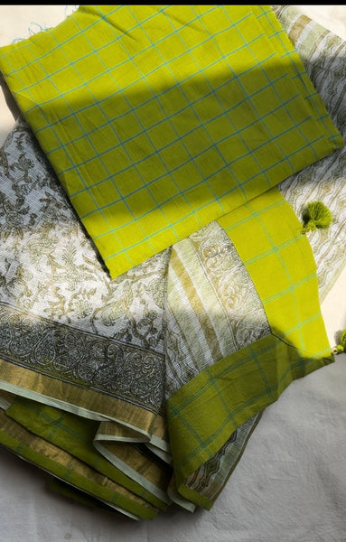kota doria cotton saree with patchwork border