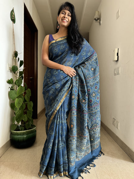 Ajrakh Block Printed Handwoven Linen Saree with Embroidery