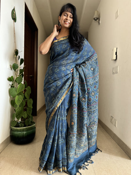 Ajrakh Block Printed Handwoven Linen Saree with Embroidery