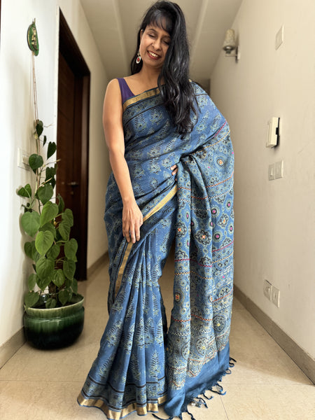 Ajrakh Block Printed Handwoven Linen Saree with Embroidery