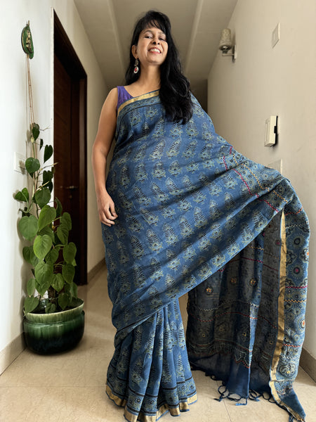 Ajrakh Block Printed Handwoven Linen Saree with Embroidery