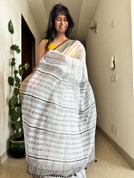 kota doria cotton saree with patchwork border - Lines