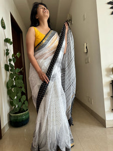 kota doria cotton saree with patchwork border - dots