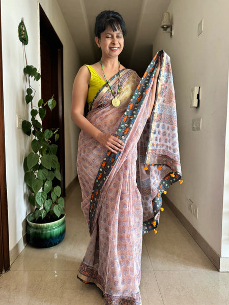 kota doria cotton saree with patchwork border