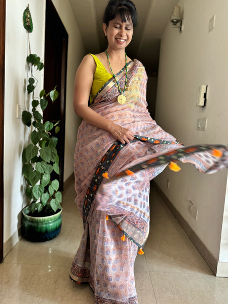 kota doria cotton saree with patchwork border