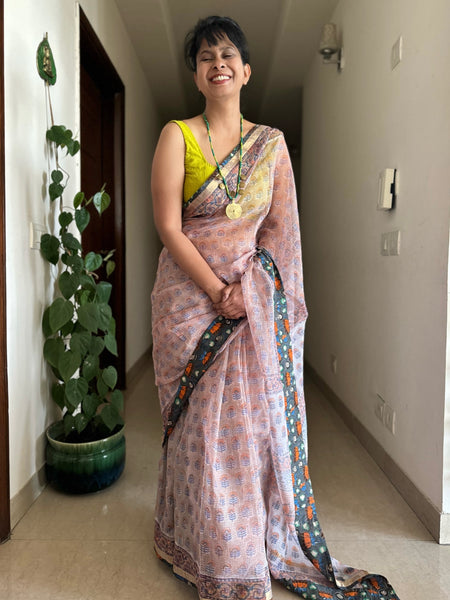kota doria cotton saree with patchwork border