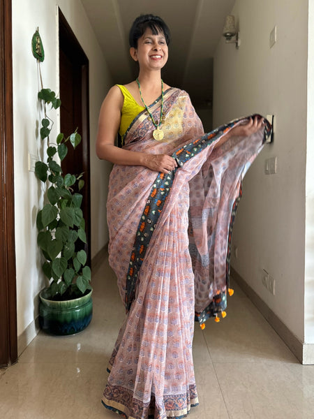 kota doria cotton saree with patchwork border