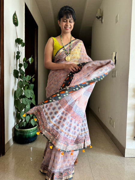 kota doria cotton saree with patchwork border