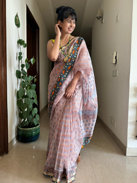 kota doria cotton saree with patchwork border
