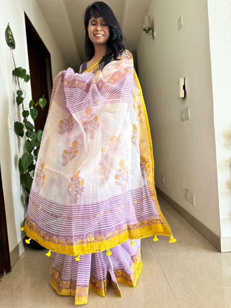 kota doria cotton saree with patchwork border