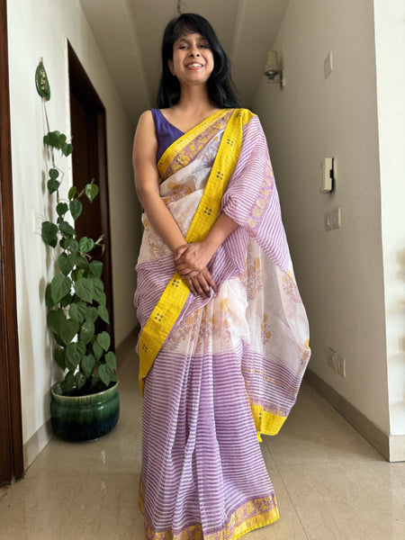 kota doria cotton saree with patchwork border