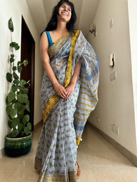 kota doria cotton saree with patchwork border