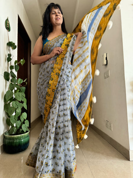 kota doria cotton saree with patchwork border
