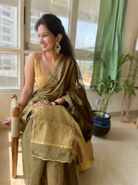 Tissue Chanderi Handwoven Saree - Heavy zari lines pallu