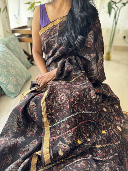 Ajrakh Block Printed Handwoven Linen Saree with Embroidery