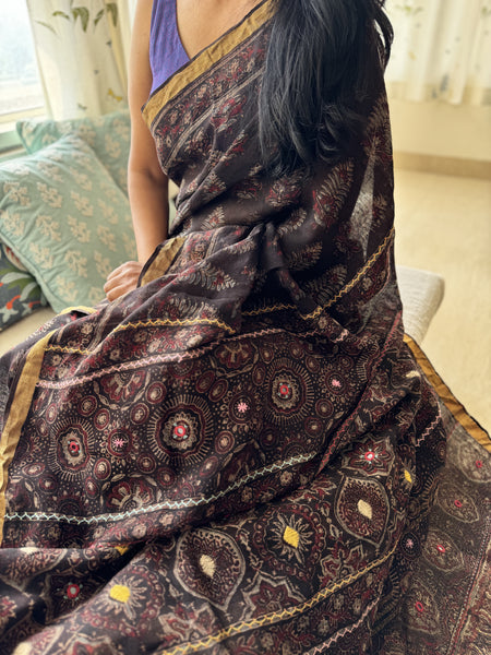Ajrakh Block Printed Handwoven Linen Saree with Embroidery