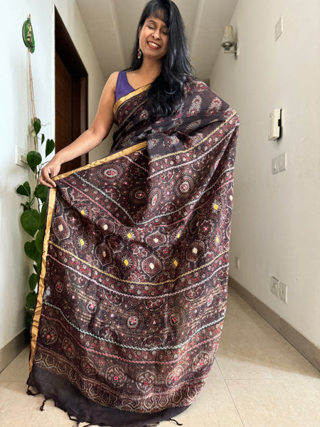 Ajrakh Block Printed Handwoven Linen Saree with Embroidery
