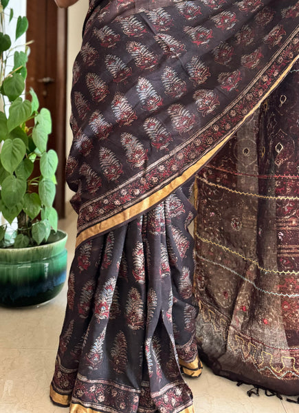 Ajrakh Block Printed Handwoven Linen Saree with Embroidery