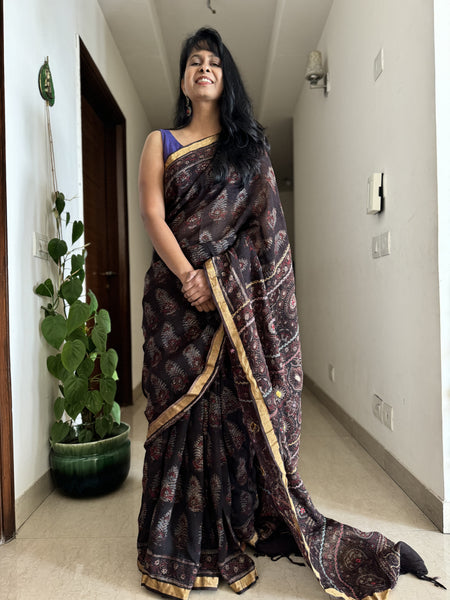 Ajrakh Block Printed Handwoven Linen Saree with Embroidery