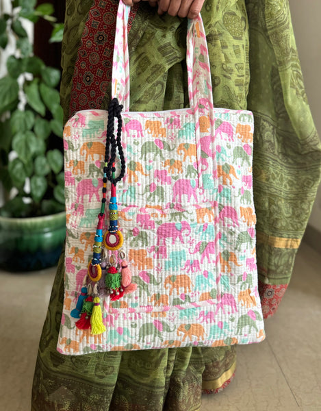 Cotton blockprinted quilted shoulder bag + Bag Charm