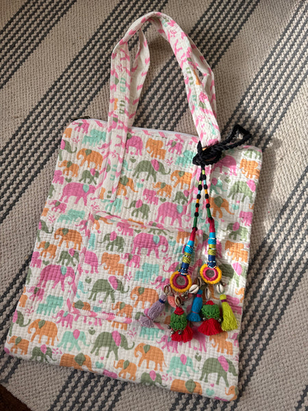 Cotton blockprinted quilted shoulder bag + Bag Charm