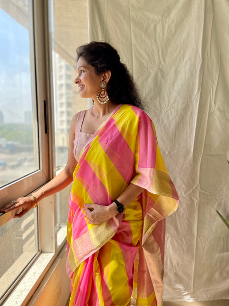 Handwoven Maheshwari Cotton Silk Saree with woven border