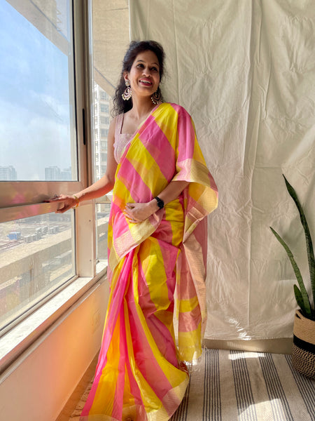 Handwoven Maheshwari Cotton Silk Saree with woven border