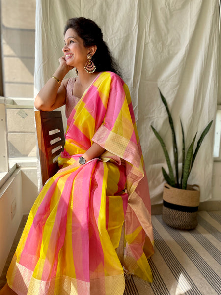 Handwoven Maheshwari Cotton Silk Saree with woven border