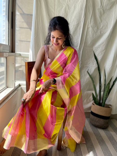 Handwoven Maheshwari Cotton Silk Saree with woven border