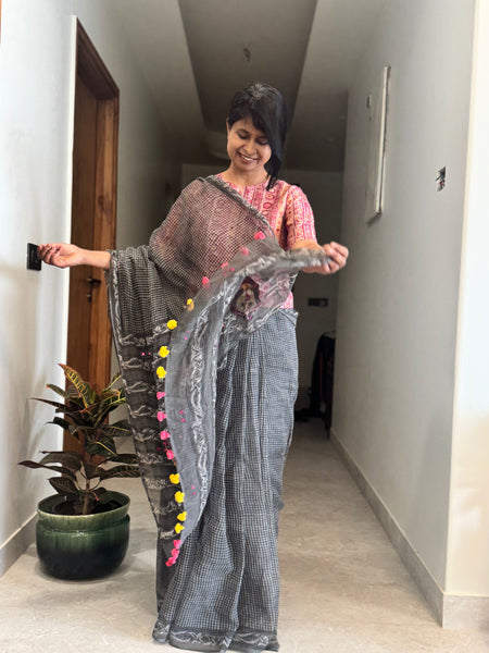रंगमंच -kalamkari Patchwork Embroidered pallu -  Dark grey kota Doria Saree