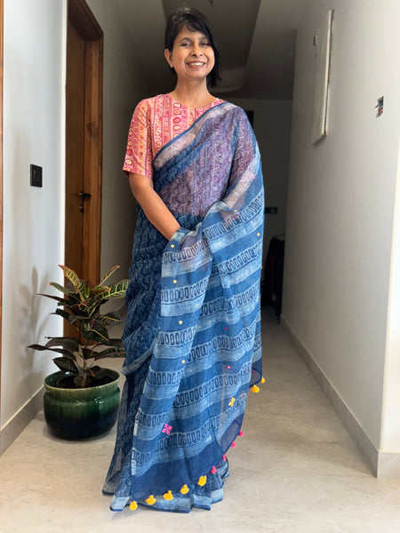 रंगमंच - Embroidered pallu -  Indigo kota Doria Saree