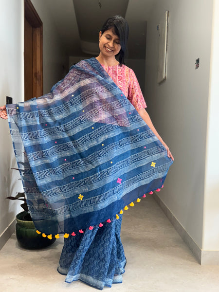 रंगमंच - Embroidered pallu -  Indigo kota Doria Saree