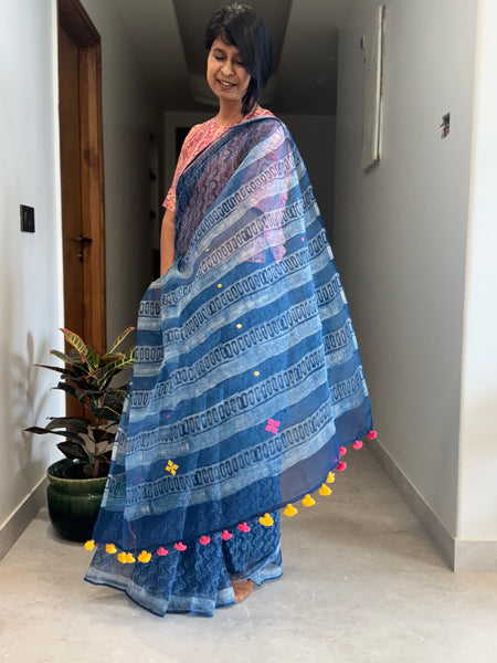 रंगमंच - Embroidered pallu -  Indigo kota Doria Saree